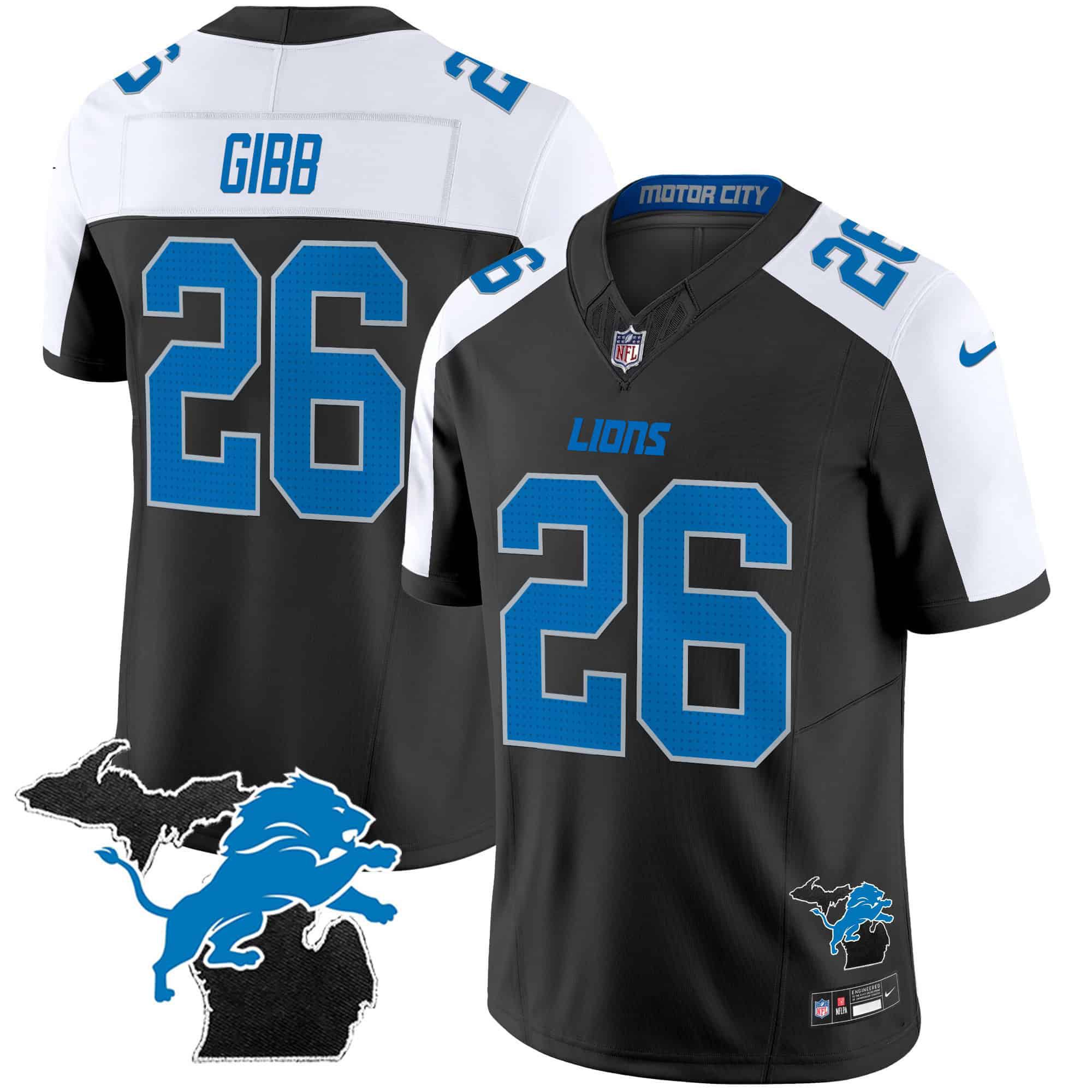 Men Detroit Lions 26 Gibb Black 2024 Nike Michigan Patch Vapor Limited NFL Jersey